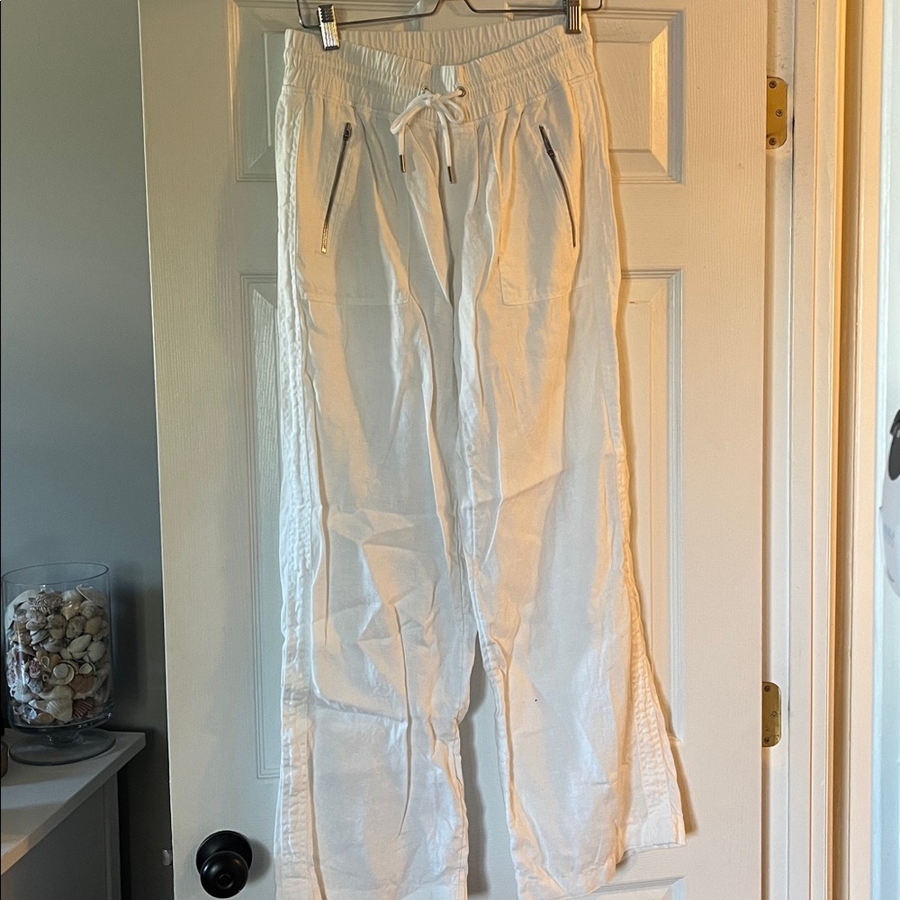 Athleta White Linen Drawstring Pant Sz 8 - Picture 3 of 5